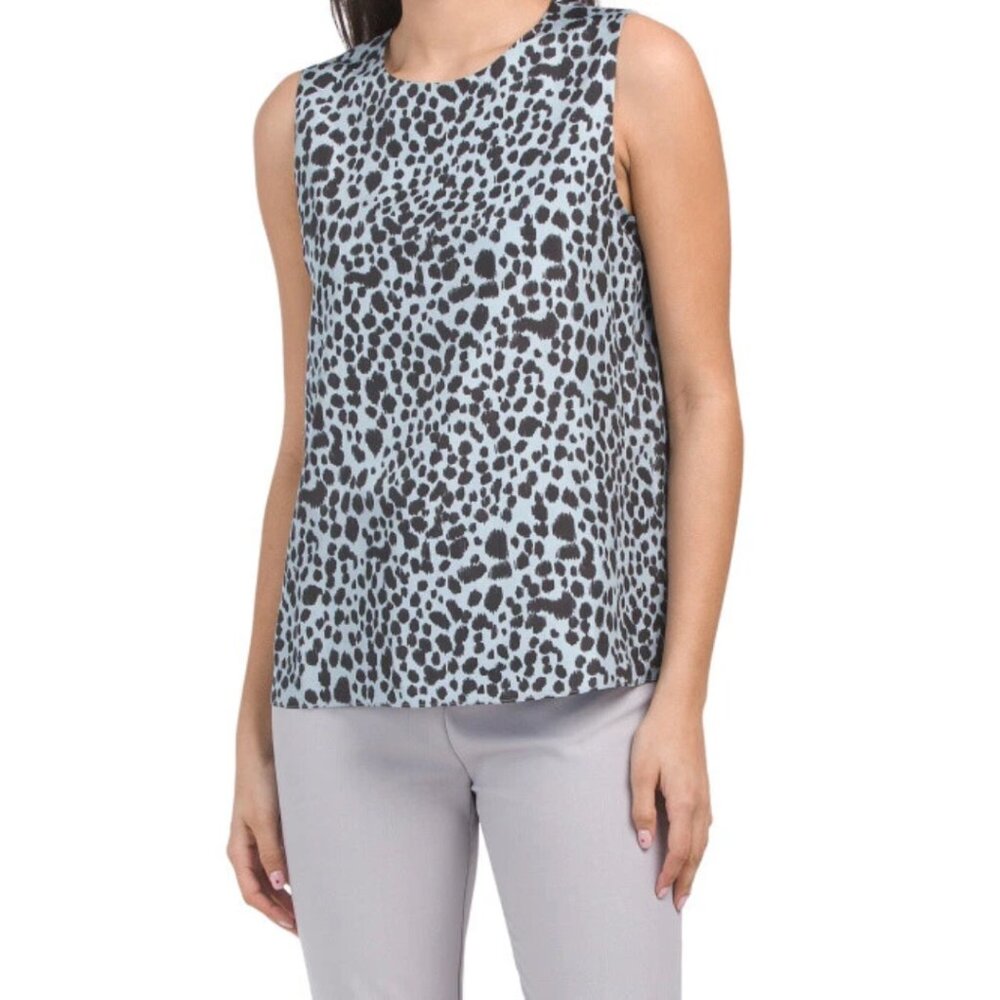 Theory Blue Leopard Animal Print Silk Blouse Minimalist Career Quiet Luxury Corp